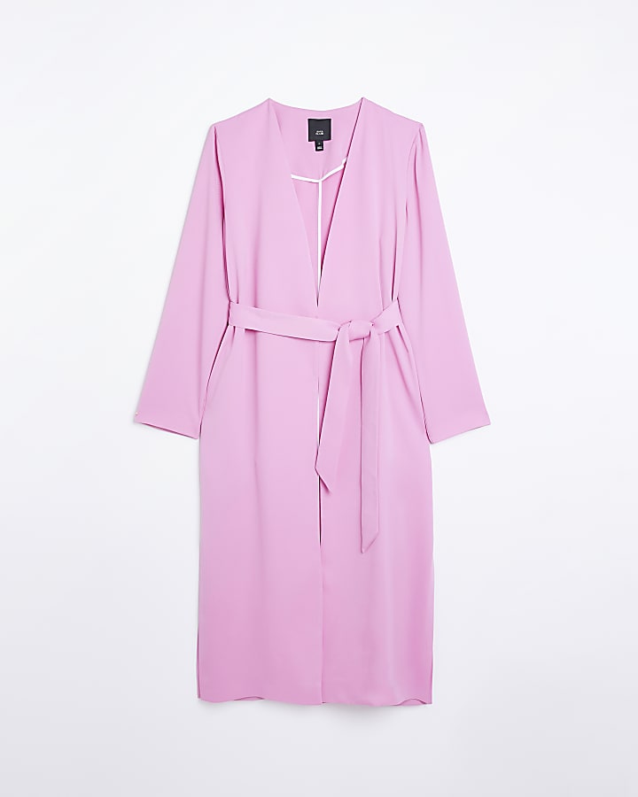 Pink satin tie waist duster coat