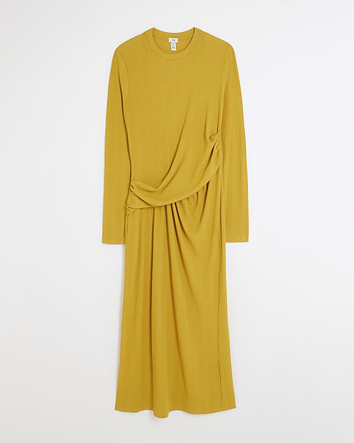 Yellow drape front bodycon midi dress