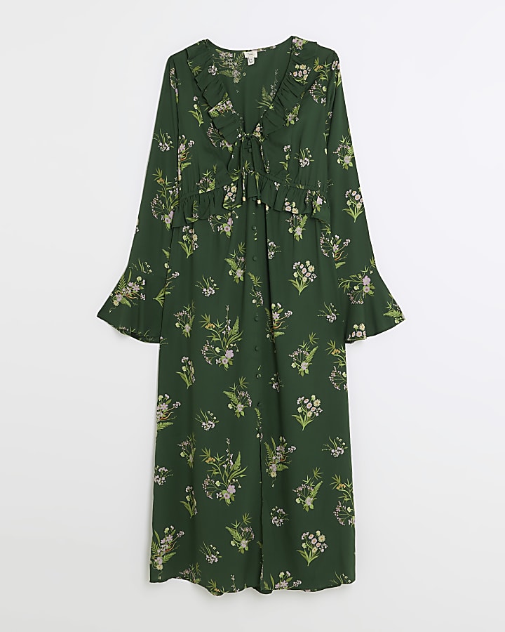 Green floral frill swing midi dress