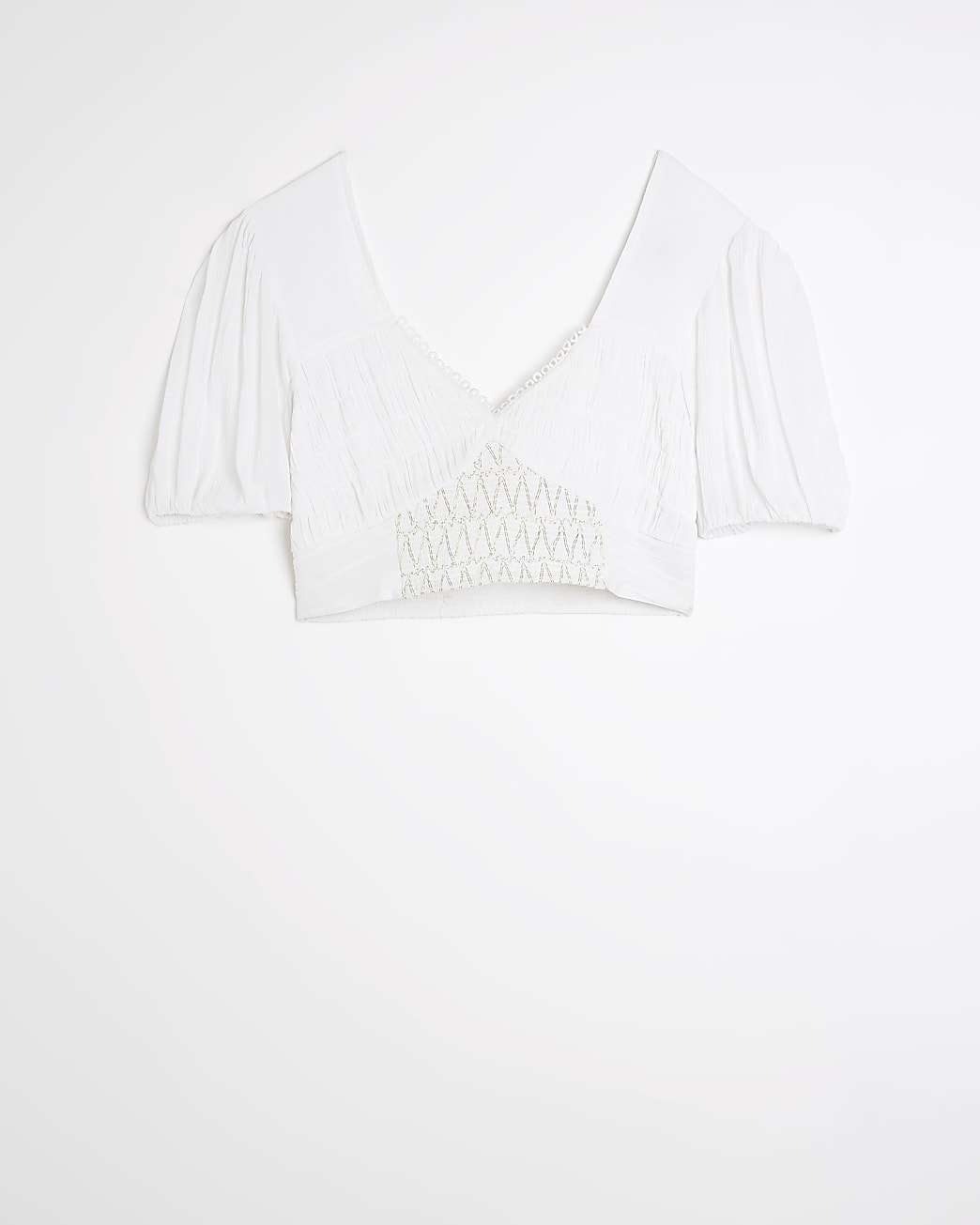 White shirred puff sleeve crop top