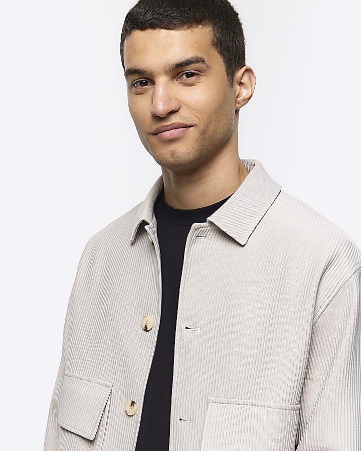 Ecru regular fit plisse harrington jacket