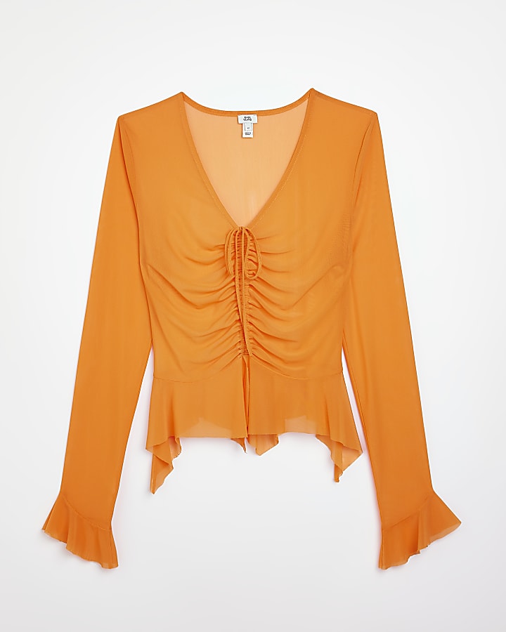 Orange tie front mesh long sleeve top