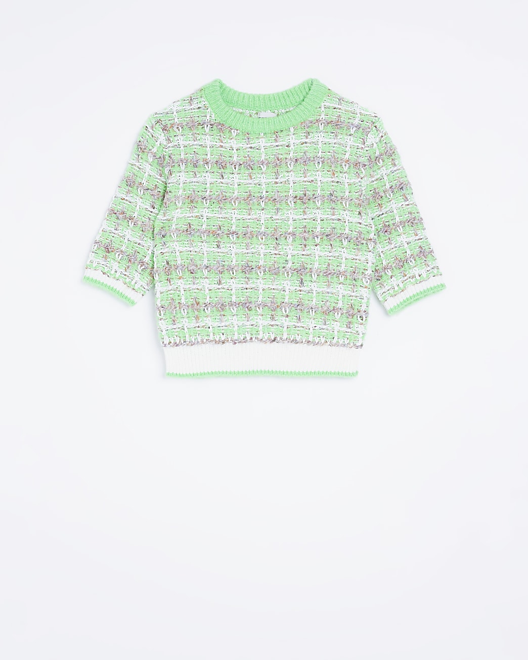 Green check knit short sleeve top