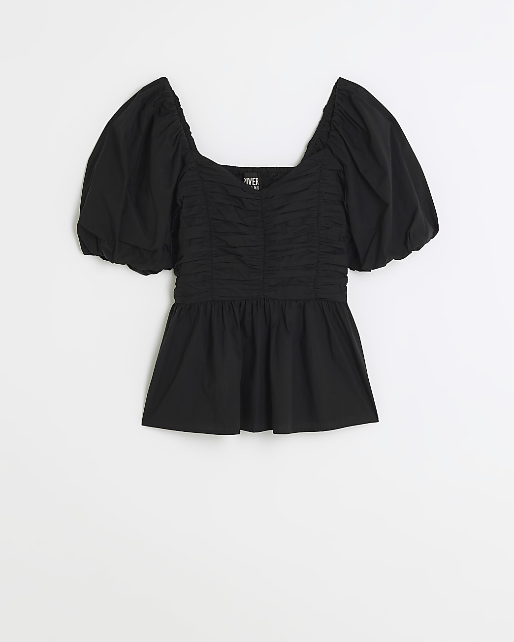 Black poplin ruched puff sleeve blouse