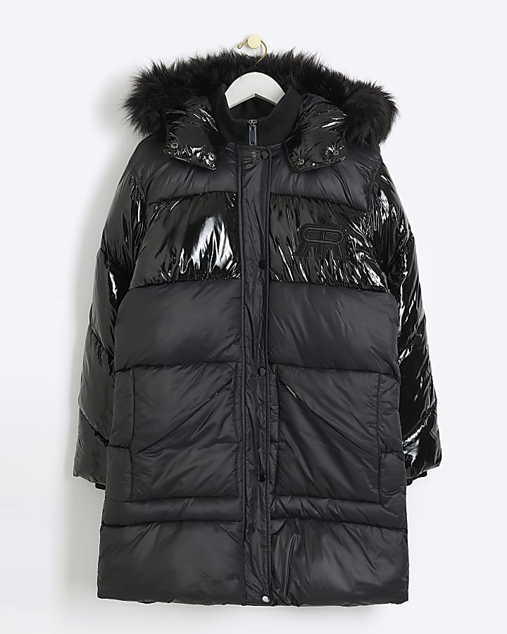 Black vinyl detail hooded puffer jacket