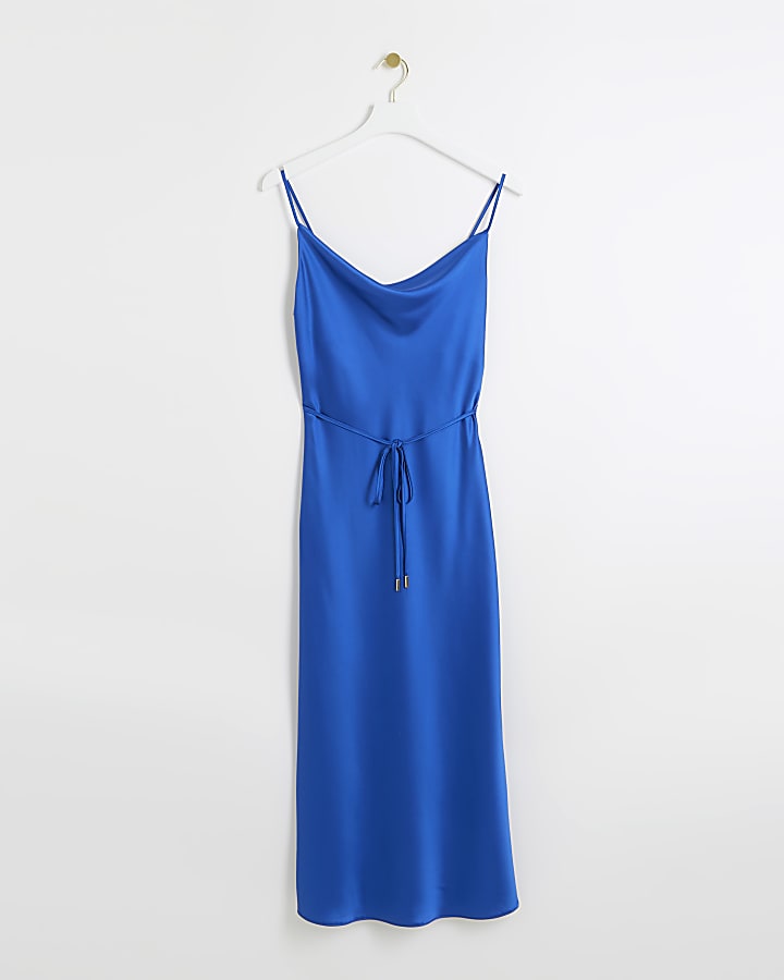 Blue satin cowl neck slip midi dress
