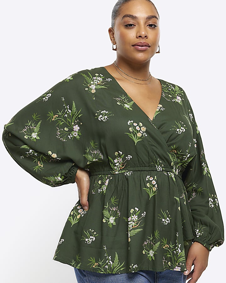 Plus green floral wrap blouse