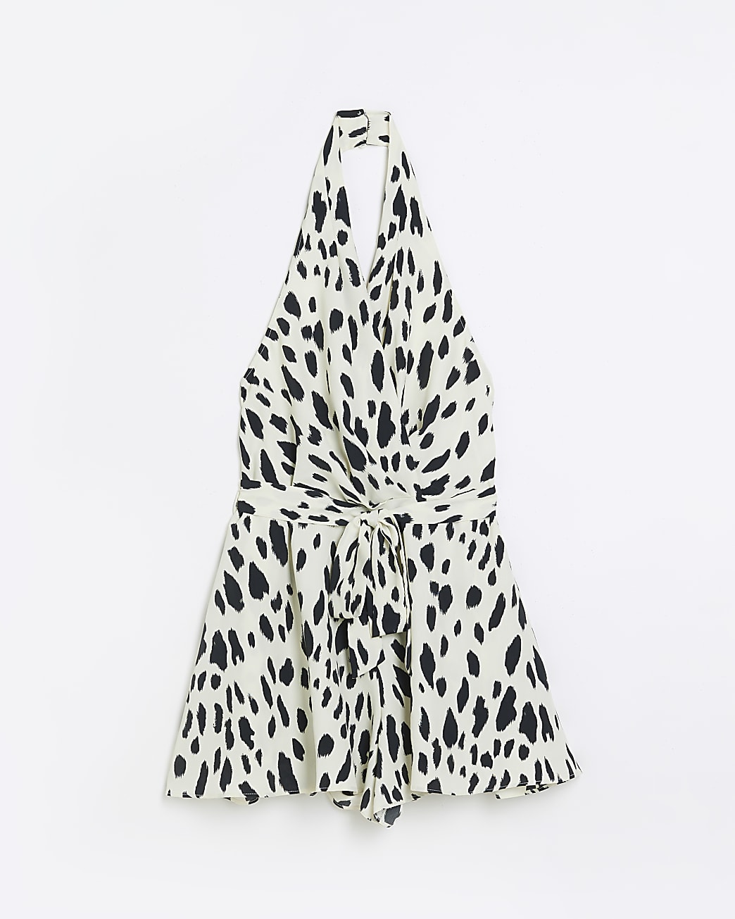 White satin animal print halter neck playsuit