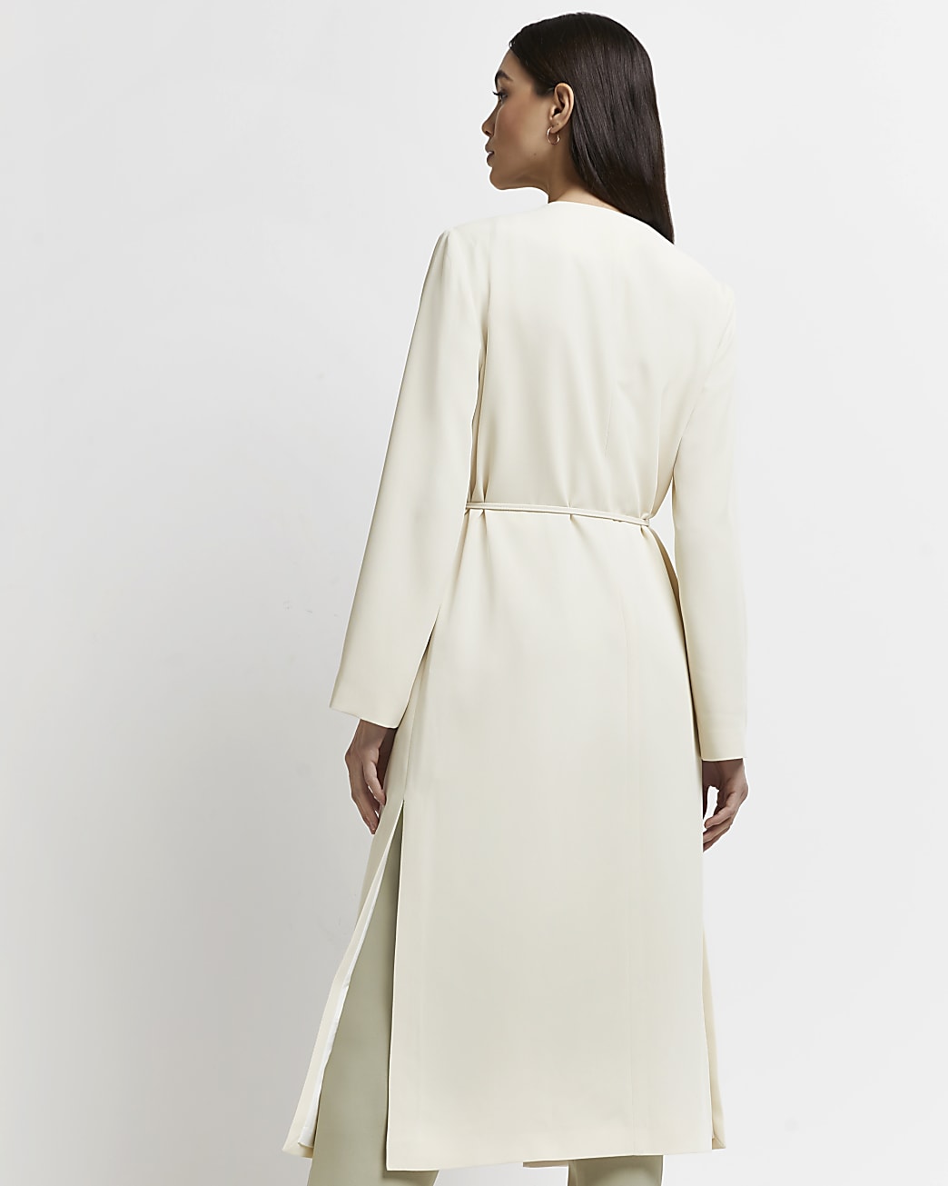 Beige belted tie long cardigan