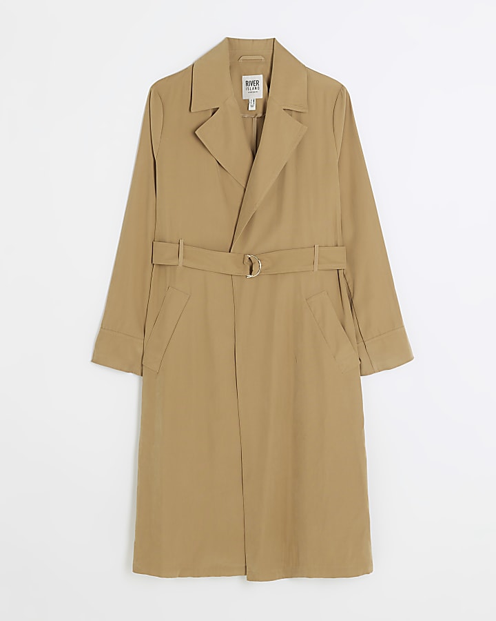Beige belted longline trench coat
