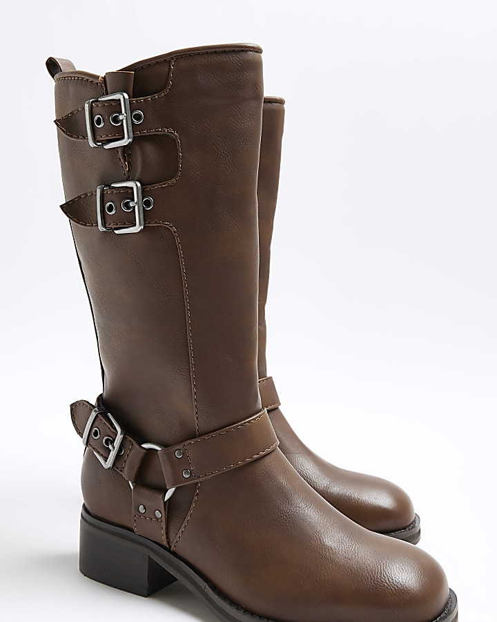 Brown high leg biker boots