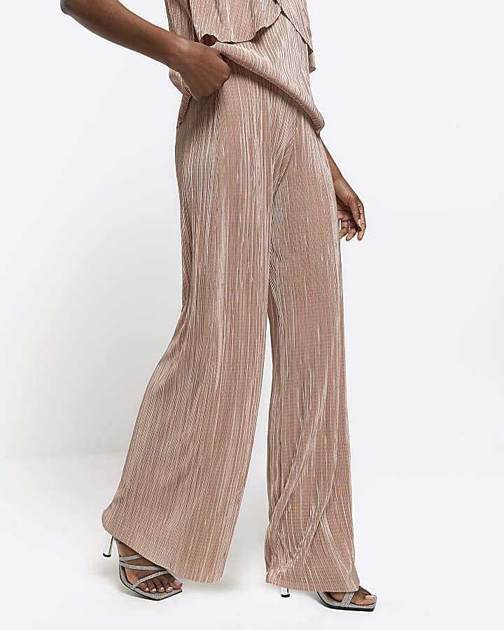 Beige plisse flare trousers