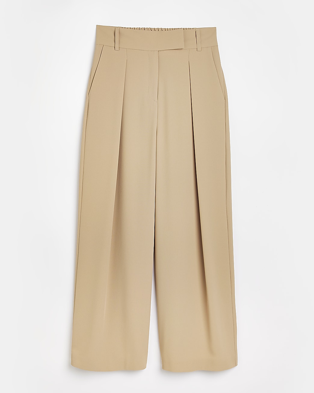 Beige pleated wide leg trousers
