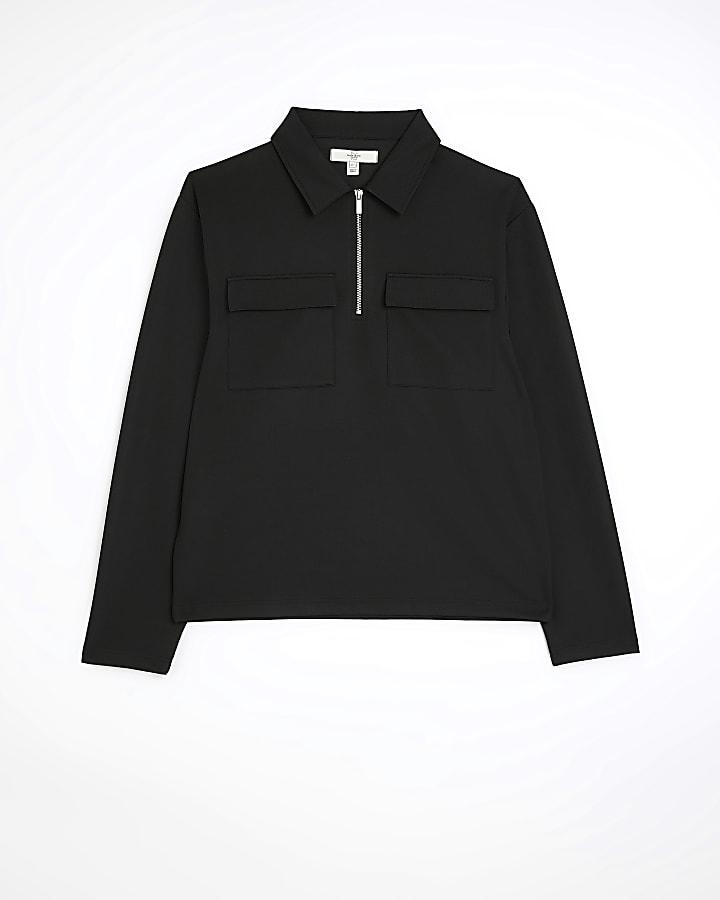Black regular fit quarter zip polo