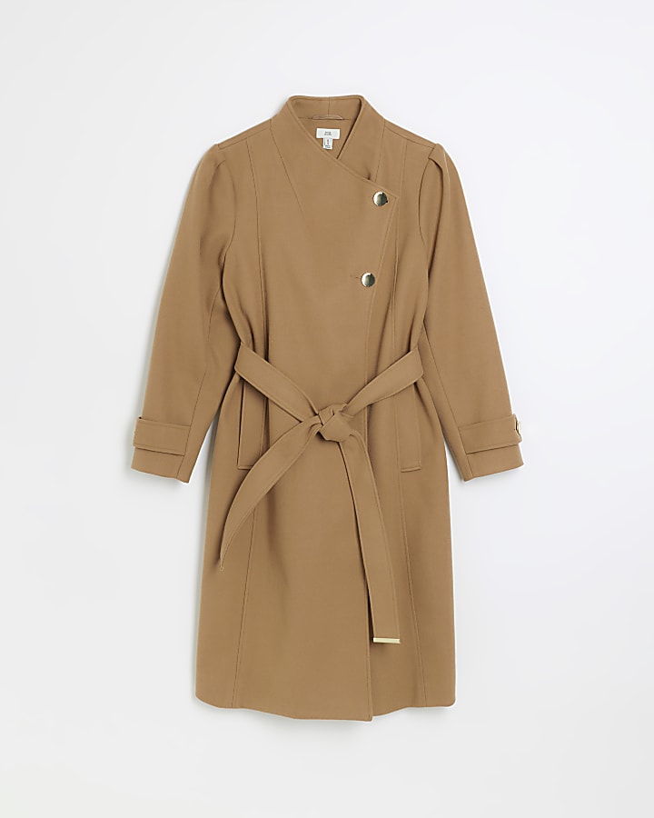 Petite brown belted wrap coat