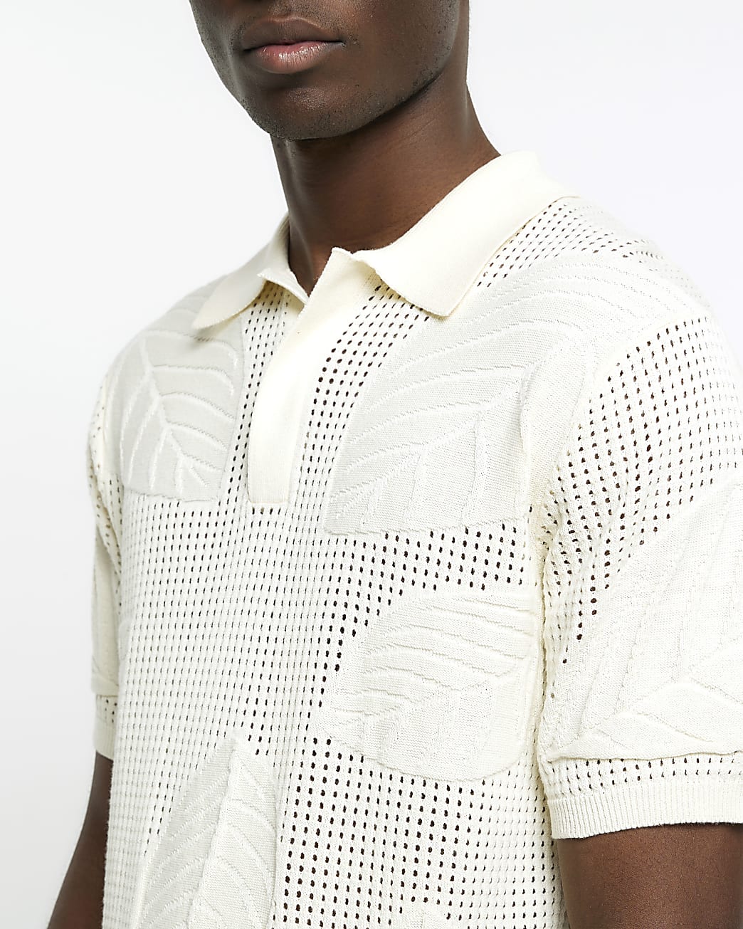 Ecru regular fit mesh floral polo shirt