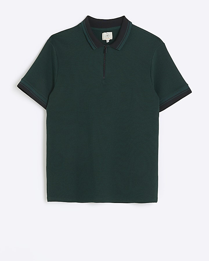 Green slim fit taped collar polo