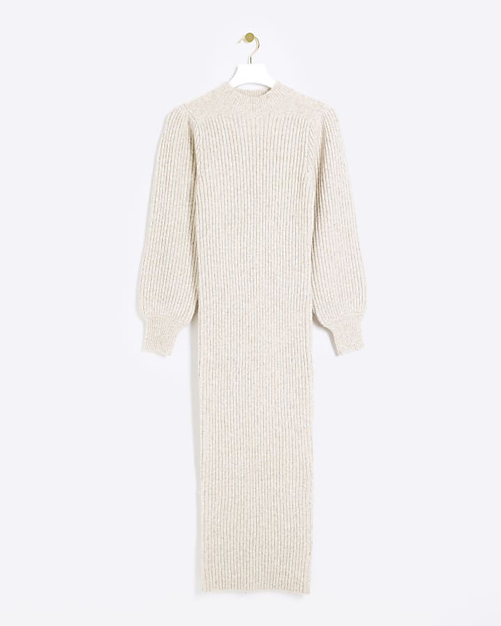 Cream puff sleeve jumper midi dress