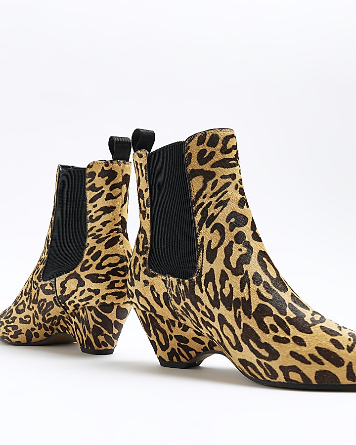 Brown animal print leather kitten heel boots
