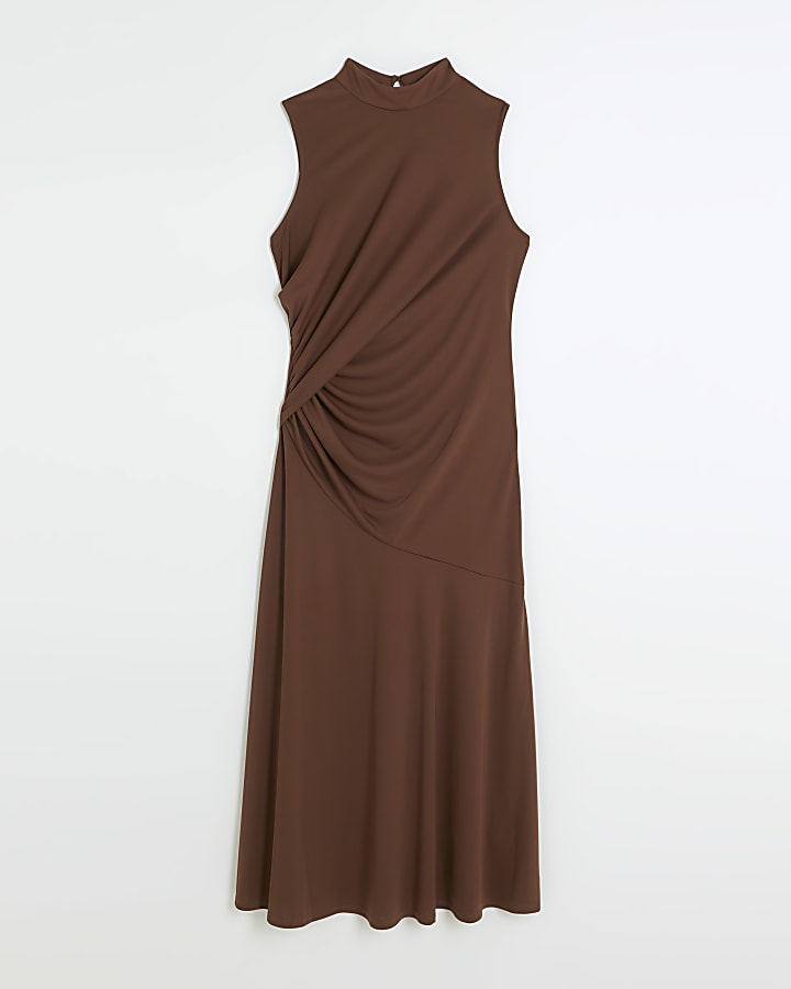 Brown drape detail shift midi dress