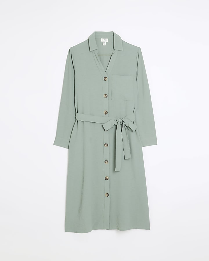 Petite green belted midi shirt dress