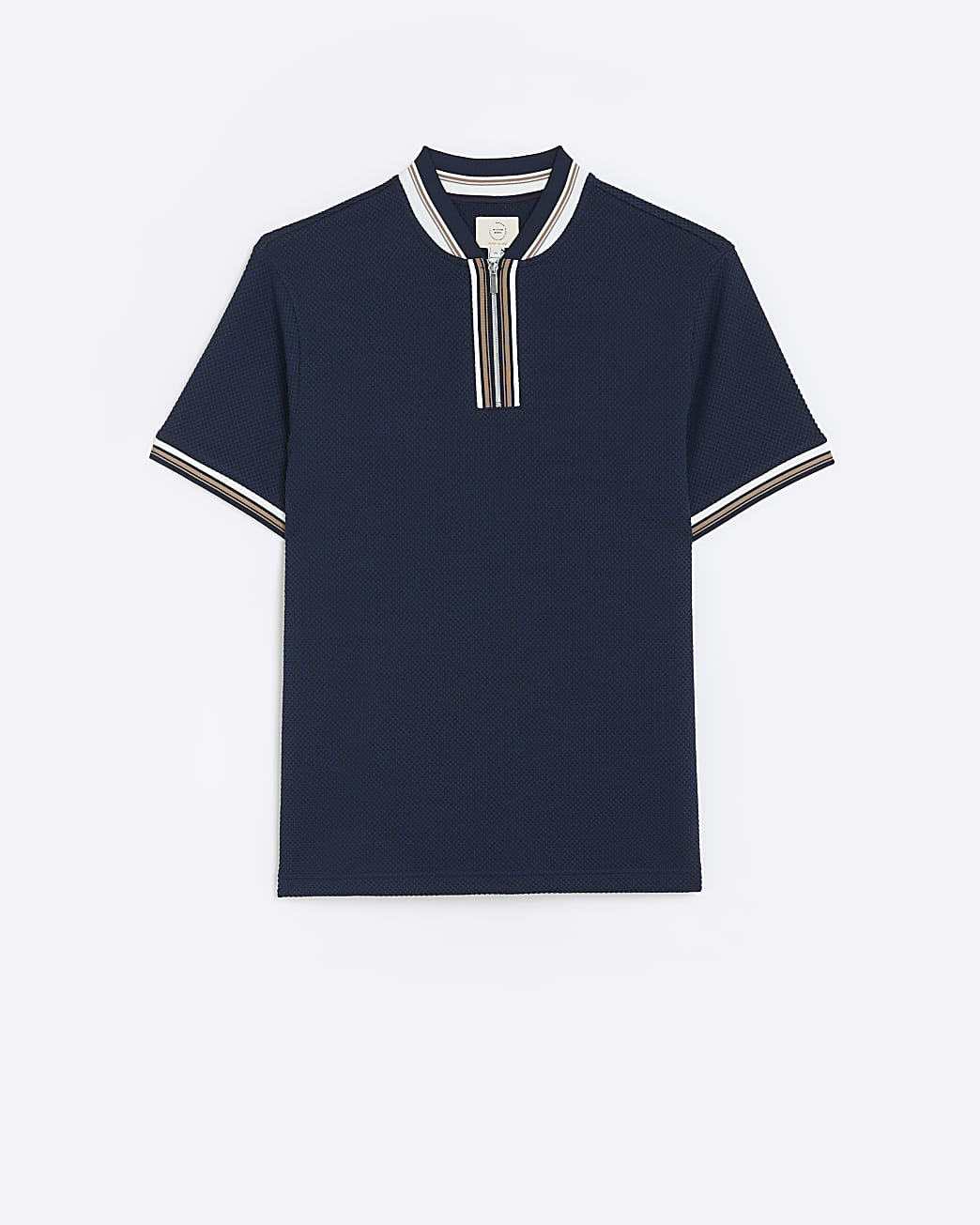 Navy slim short sleeve textured baseball polo