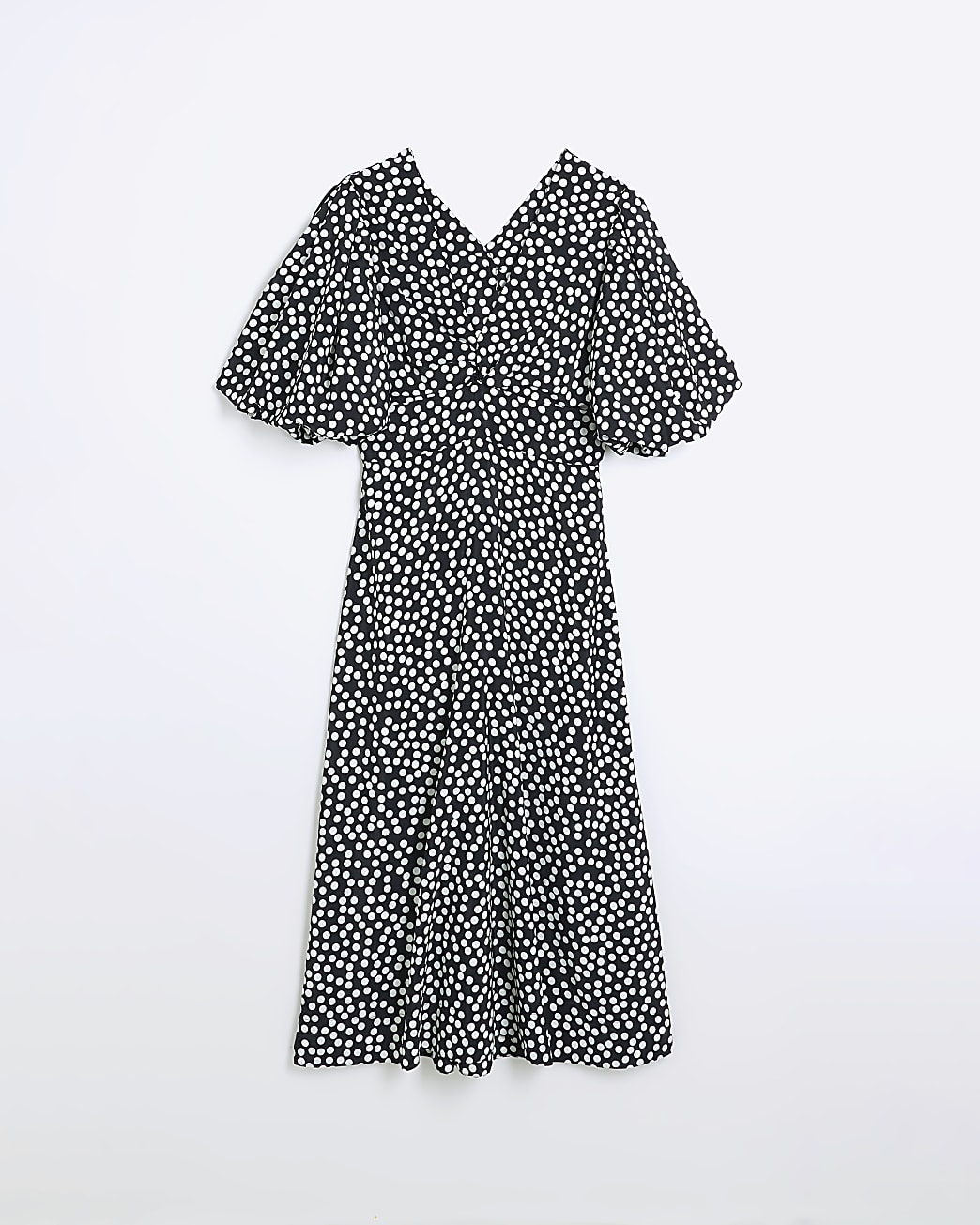 Black spot puff sleeve swing midi dress
