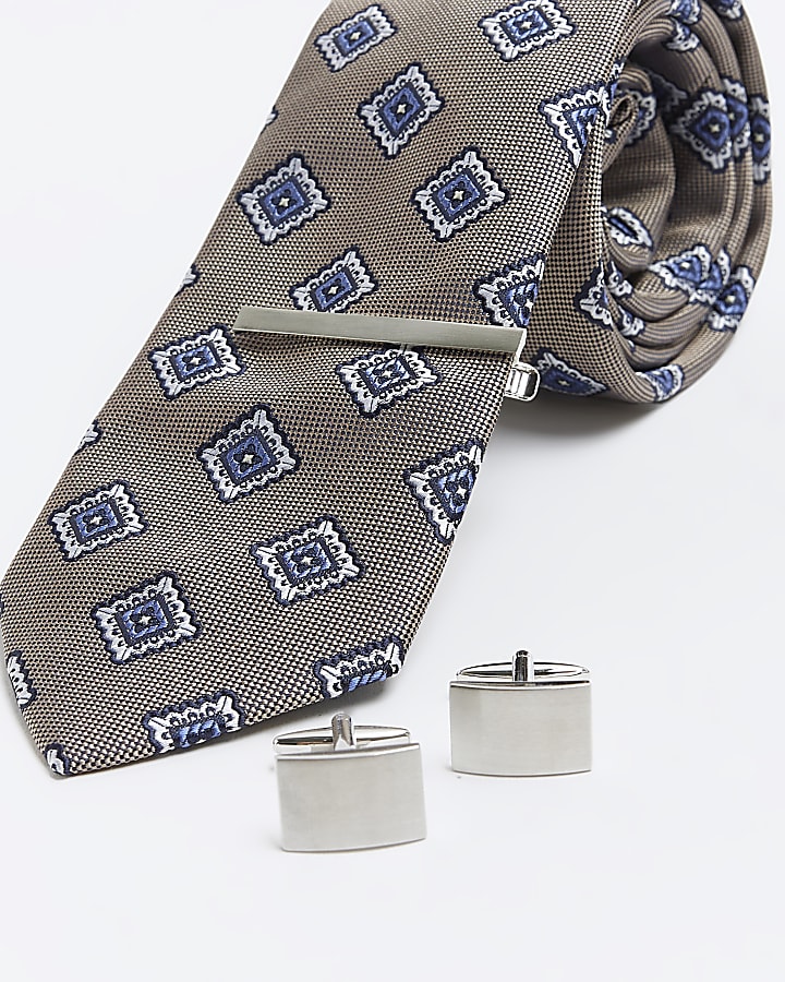 Beige geometric tie and cufflink gift box