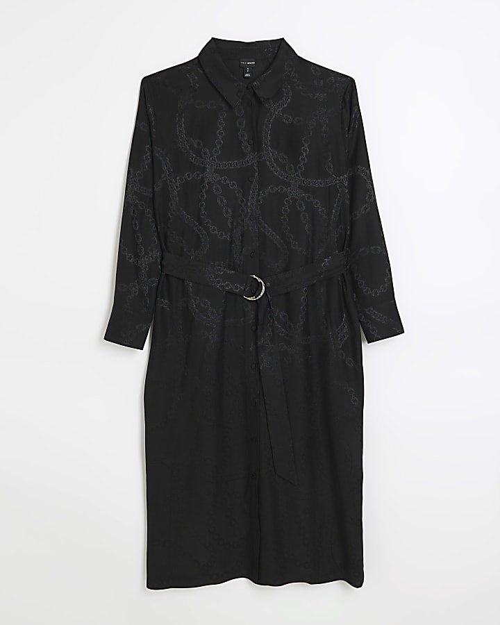 Black chain print belted midi shirt dress