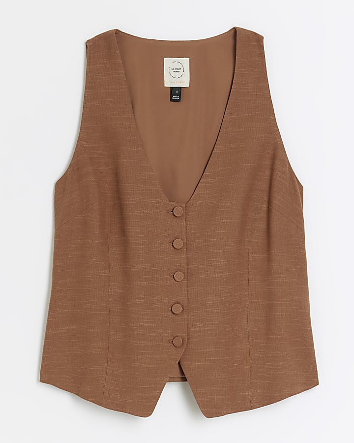 Brown button up waistcoat with linen blend