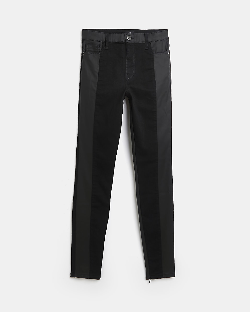 Black faux leather paneled skinny jeans