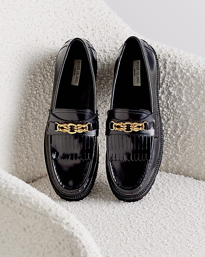 Black chain leather loafers