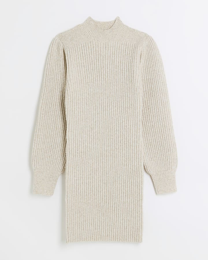 Cream knitted puff sleeve jumper mini dress