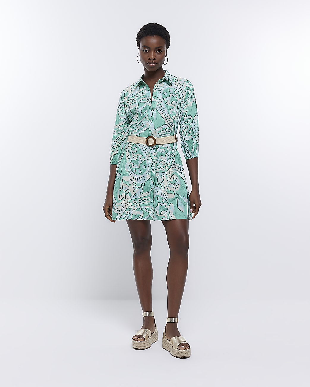 Green Paisley Mini Shirt Dress