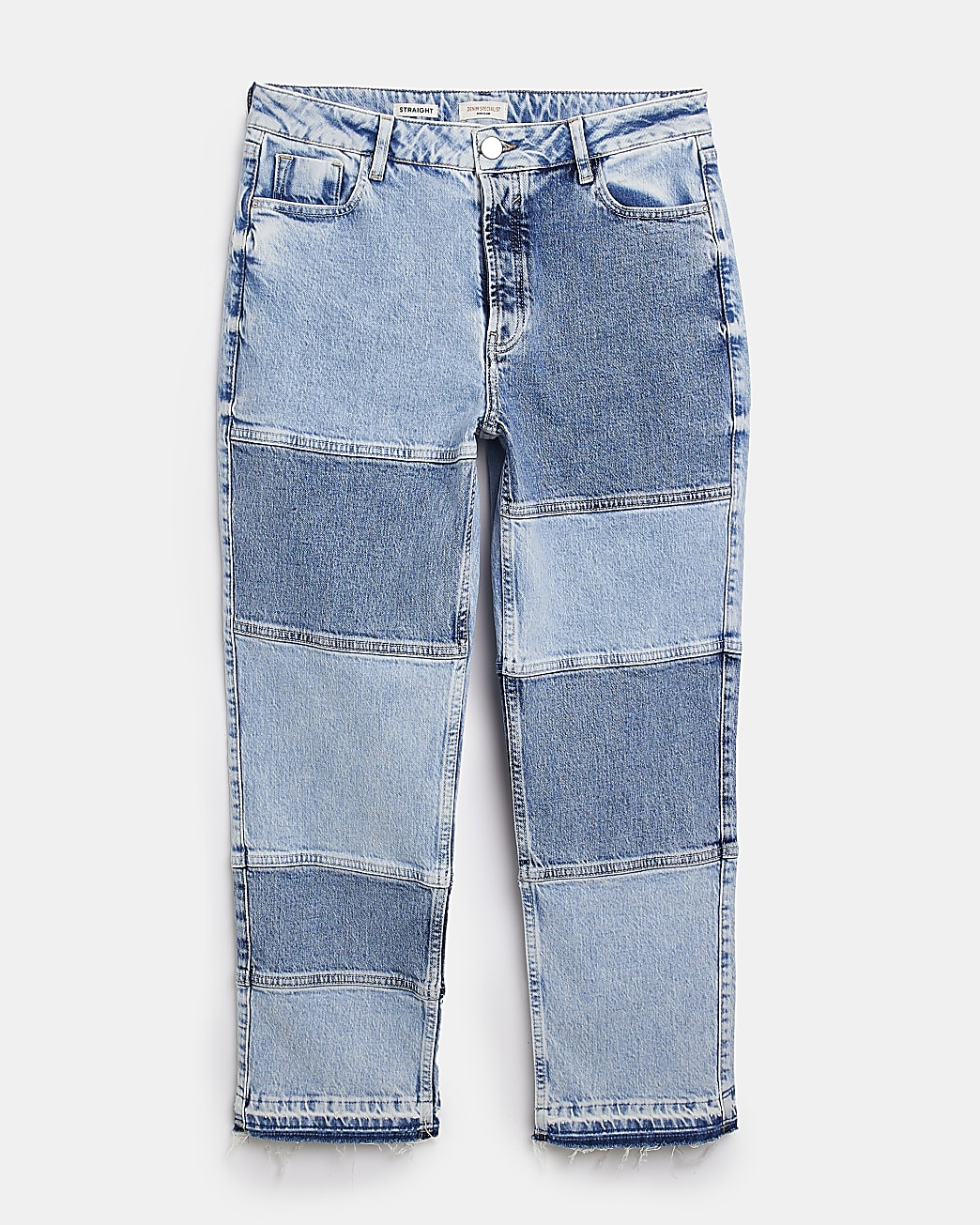 Blue mid rise patched straight leg jeans