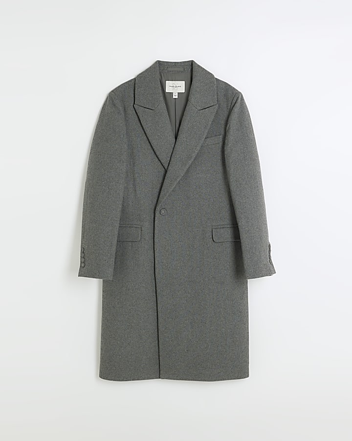 Grey regular fit wool blend longline coat