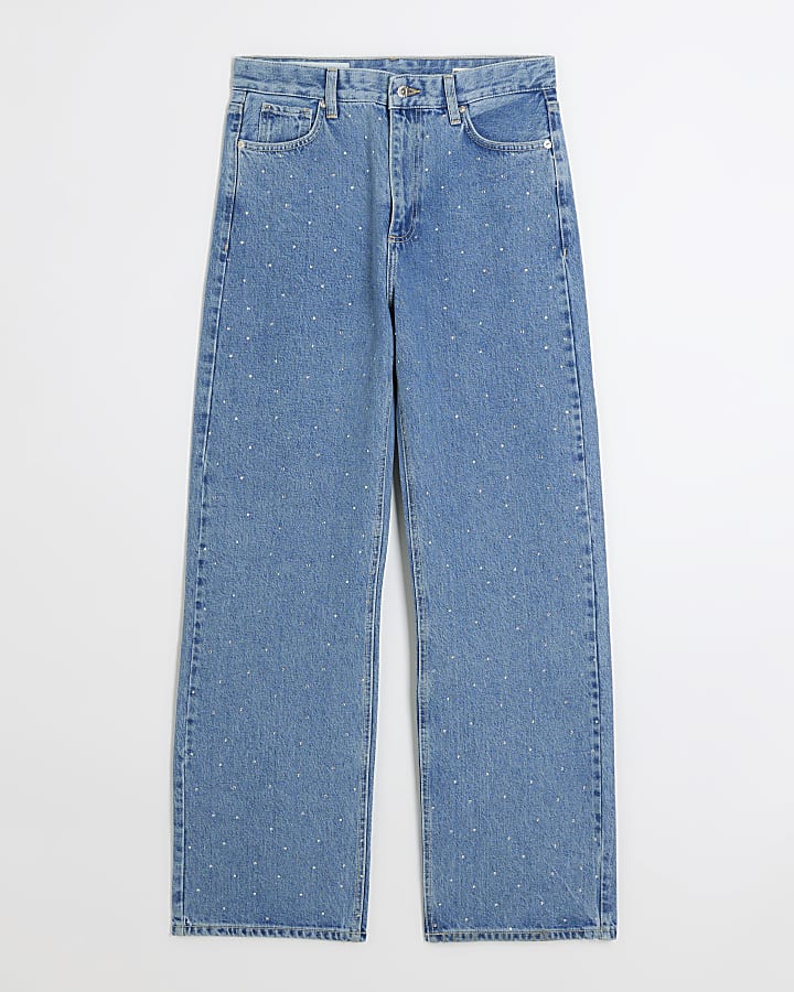Blue high waisted diamante straight jeans