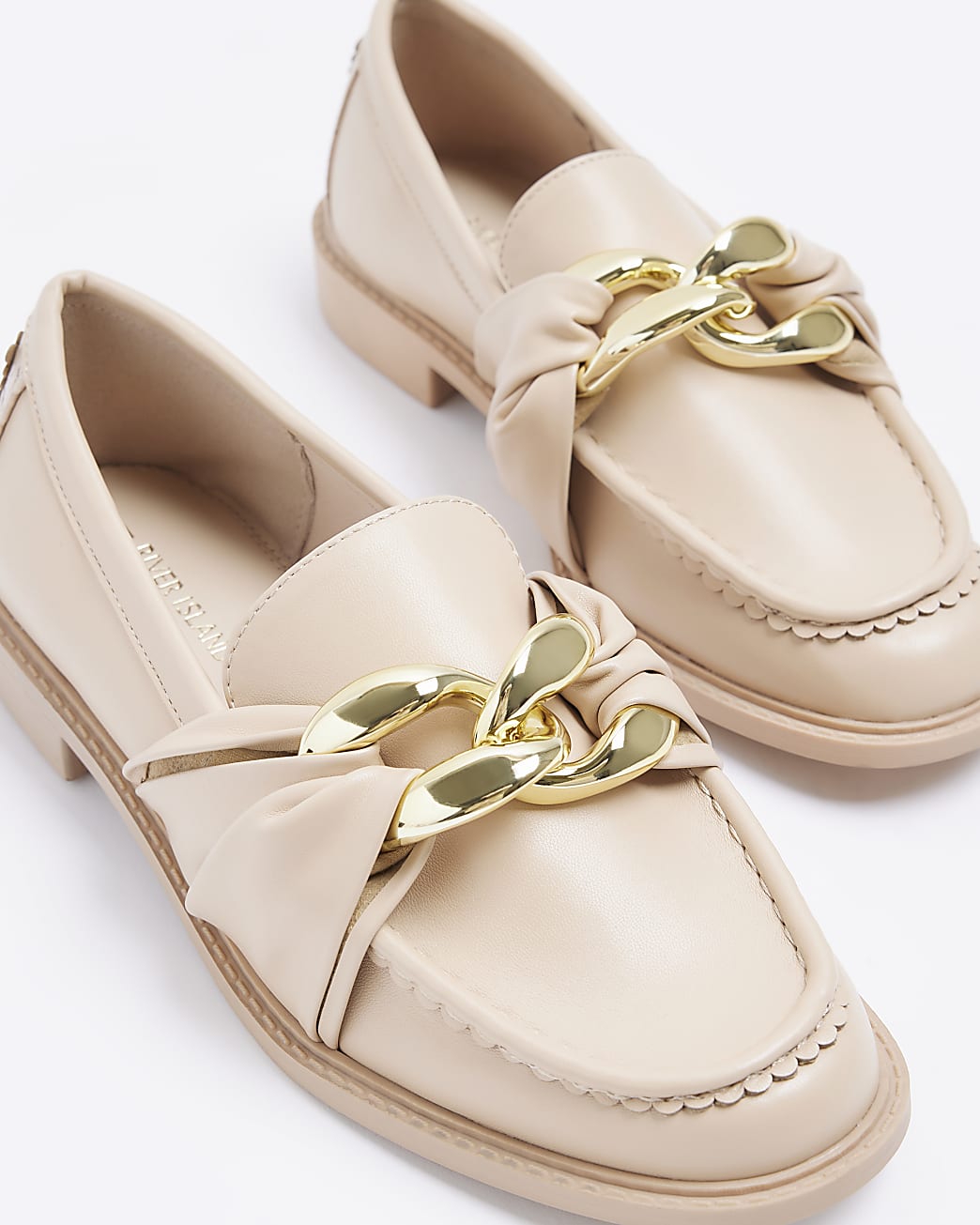 Beige gold chain detail loafers