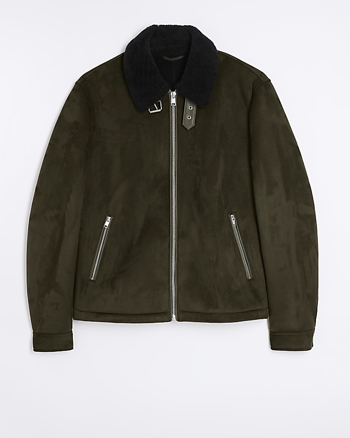 Green regular fit shearling aviator jacket