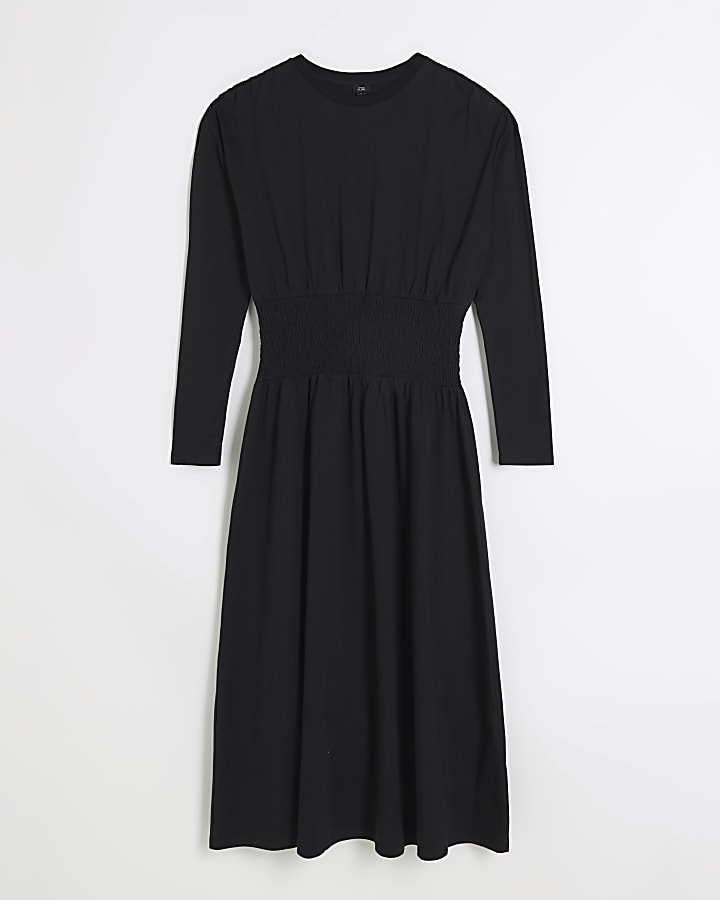 Black shirred waist midi dress