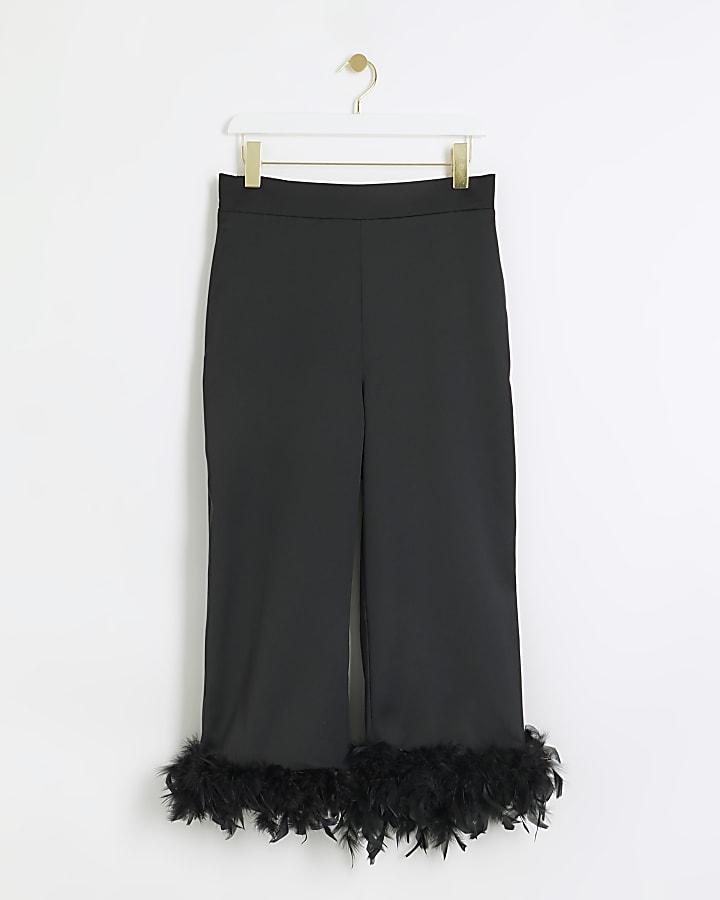 Black satin feather trim crop trousers