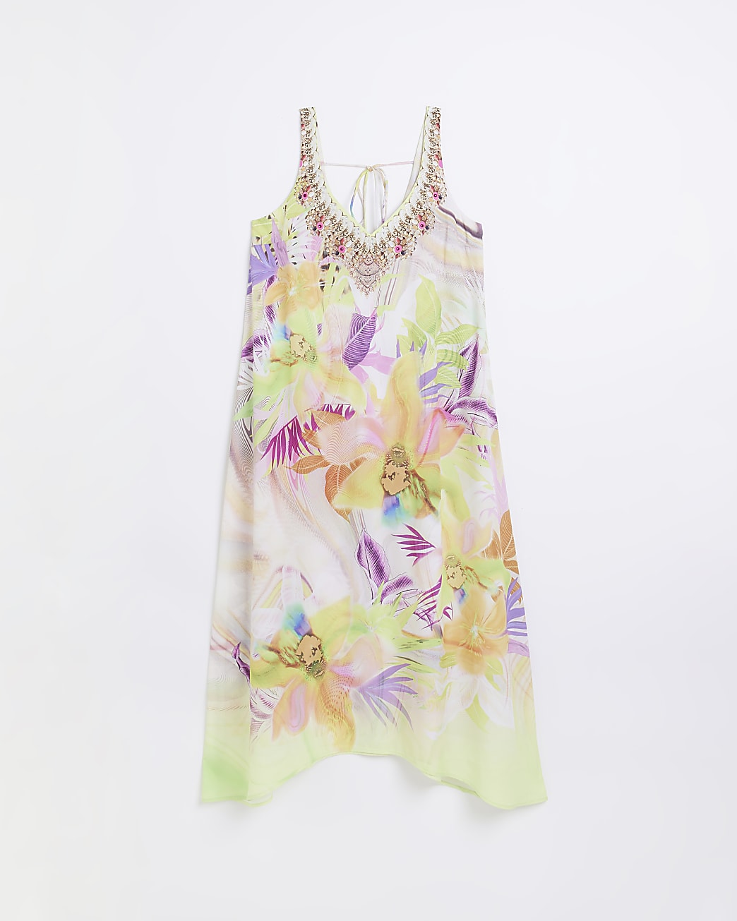Yellow embellished flower print maxi dress