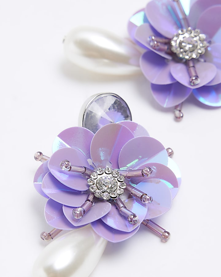 Purple Rhinestone Flower Pearl Drop Earrings