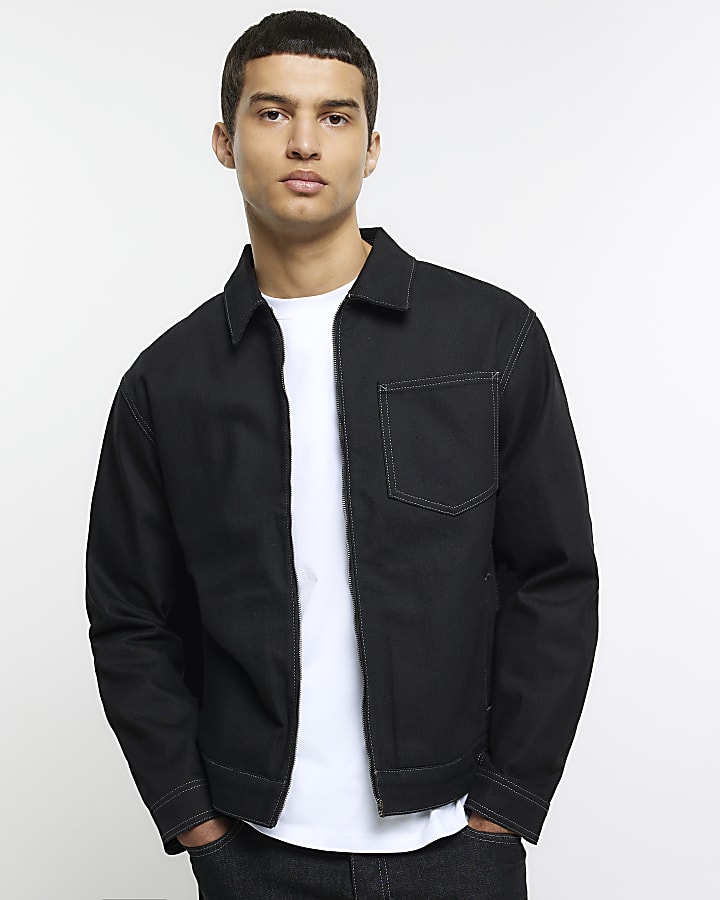 Black regular fit zip up denim jacket
