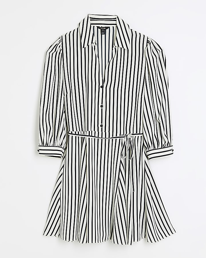 Black stripe tie waist mini shirt dress