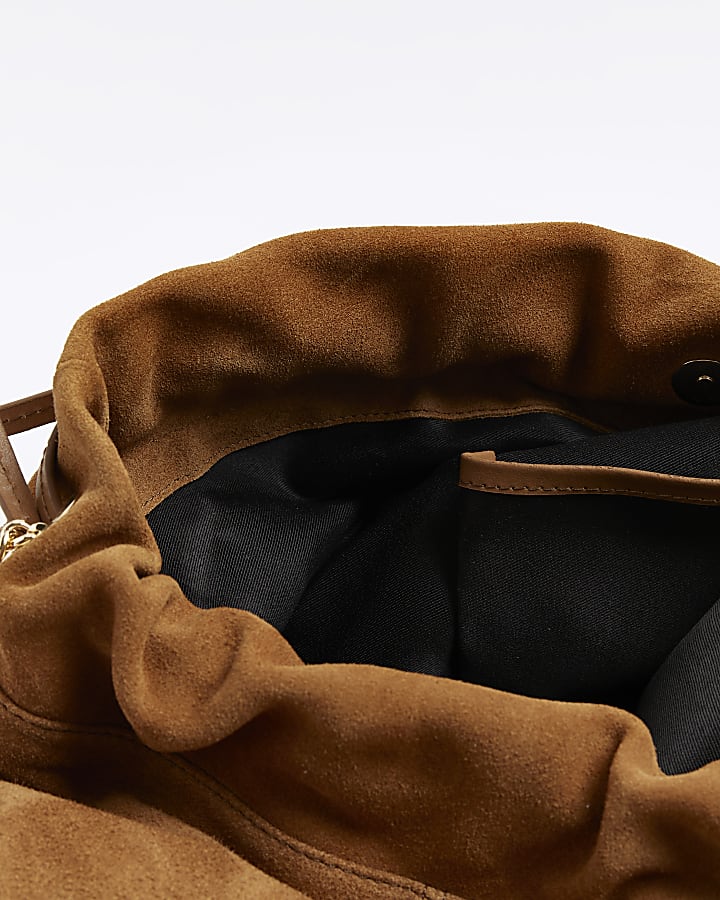 Brown suede drawstring shoulder bag