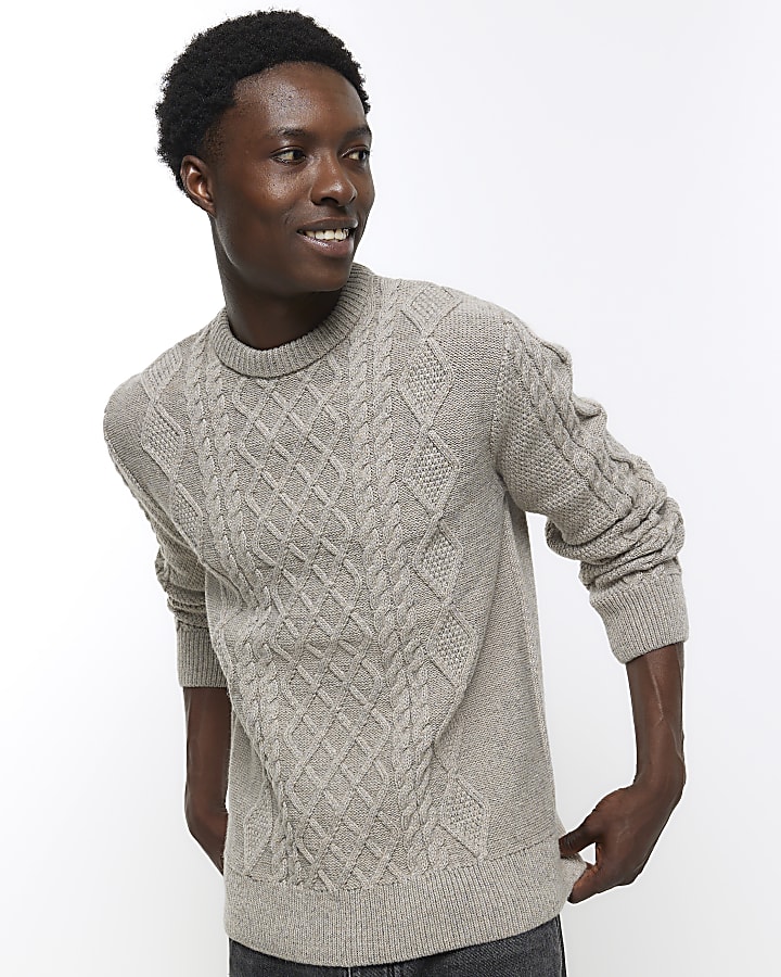 Stone slim fit cable knit jumper