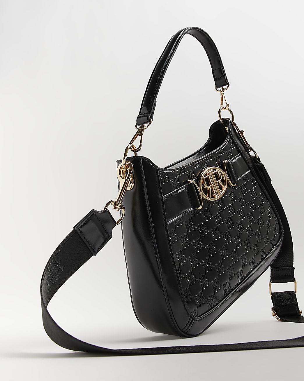 Black RI monogram patent shoulder bag