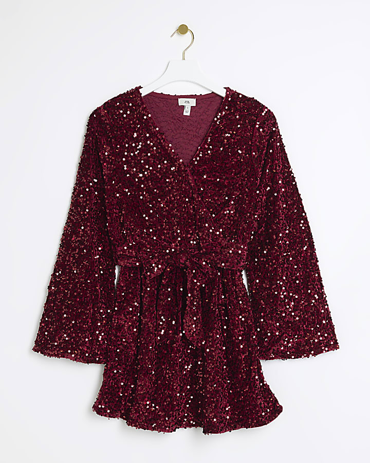 Red sequin tie waist shift mini dress