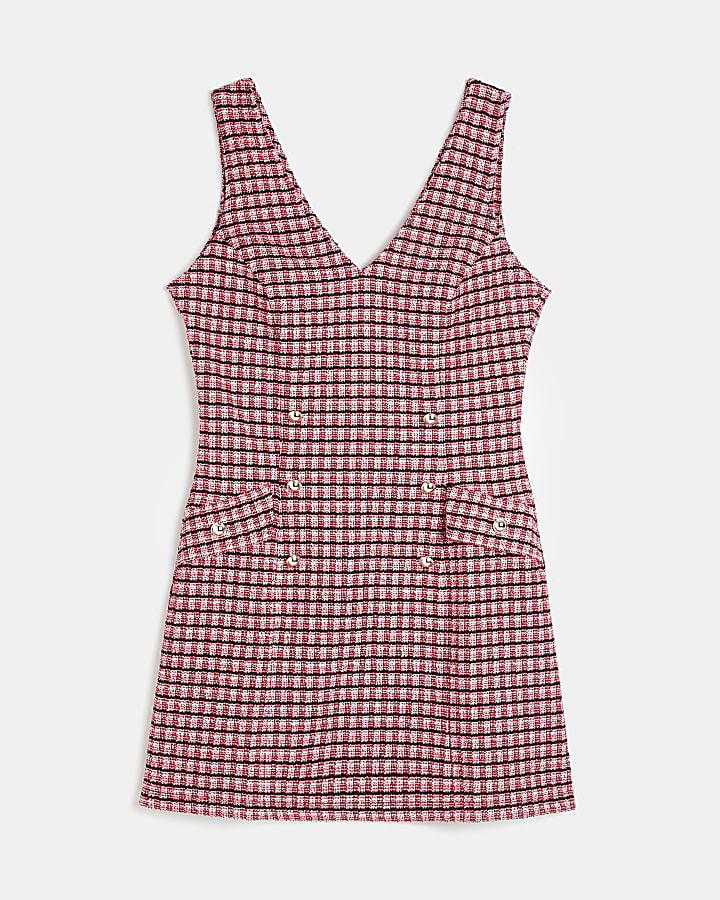 Pink boucle check shift mini dress